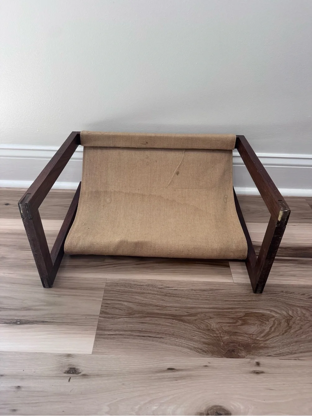 Vintage Mid Century Wooden Magazine Rack Canvas Sling Holder MCM 1960s Decor